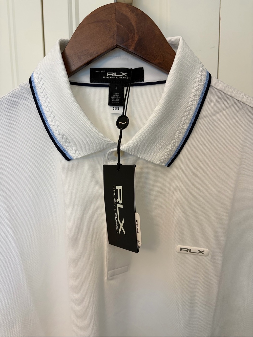 RLX Ralph Lauren Men’s White Polo with Navy & Light Blue Trim